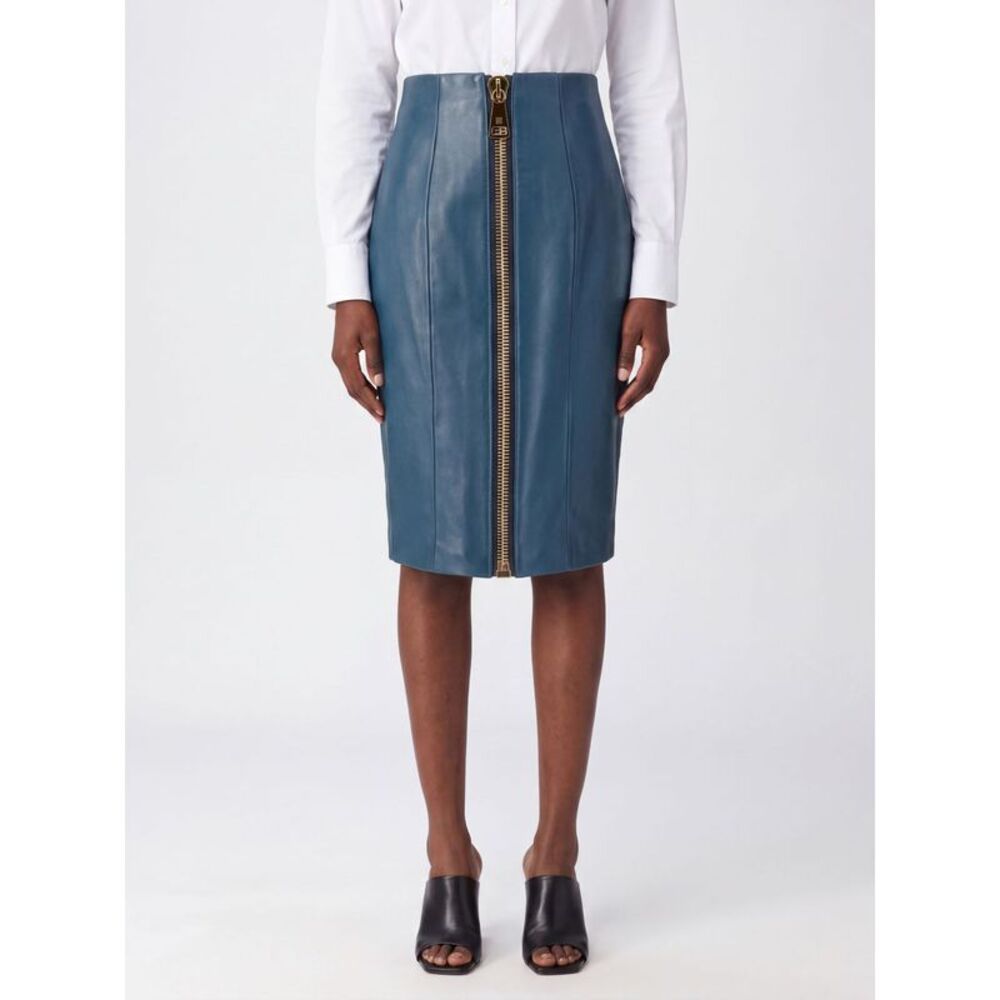 Balmain Women Balmain High-Waisted Lamb Leather Midi Pencil Skirt With Slit
